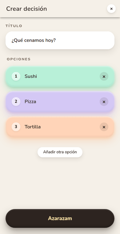 Pantalla de Azarazam con la pregunta "¿Qué cenamos hoy?" y tres opciones escritas: Sushi, Pizza y Tortilla.
