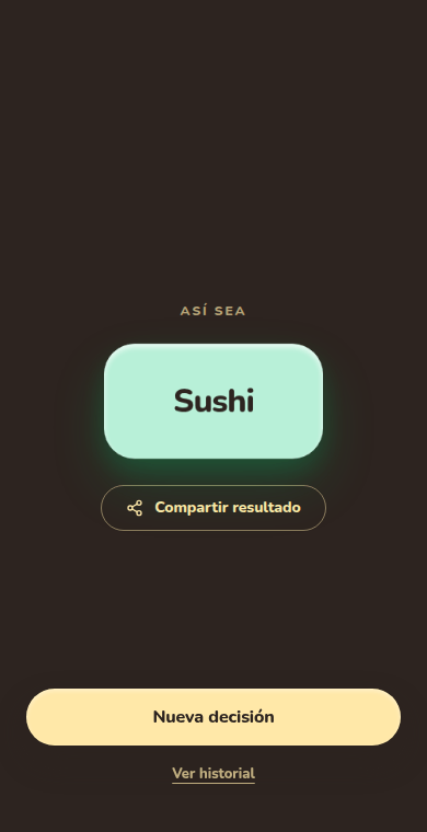 Pantalla de Azarazam con la opción elegida, Sushi, sobre fondo oscuro.