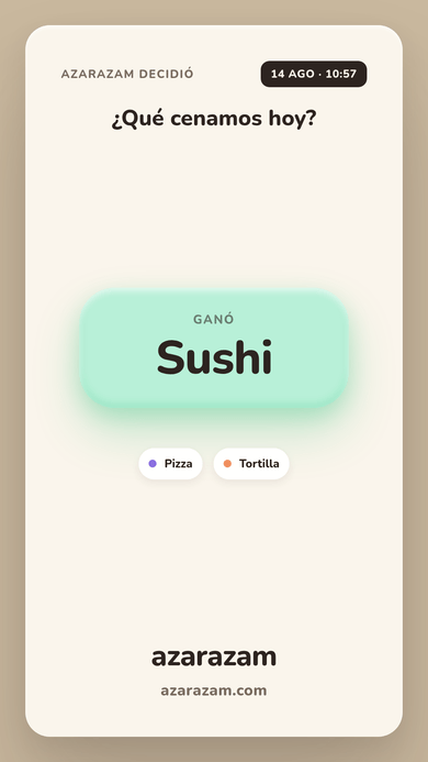 Tarjeta para compartir: la pregunta "¿Qué cenamos hoy?", la ganadora Sushi y las descartadas Pizza y Tortilla.